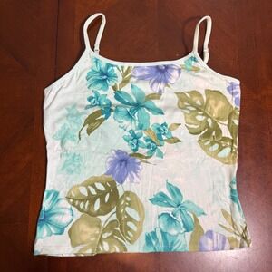 Vtg Floral Tropical Tank Top Y2K Beach Boho Summer Cami Blue Green Small